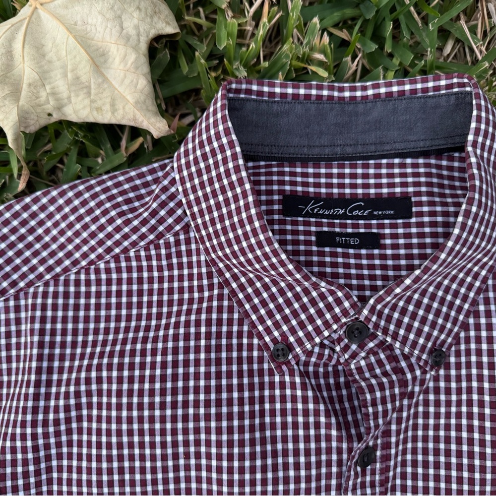 Kenneth Cole New York Men's Red Black Plaid Button Up Shirt Cotton Blend Classic